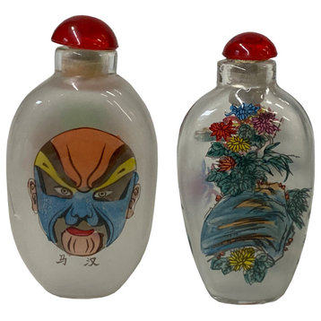 2 Chinese Glass Snuff Bottle Oriental Scenery Mask Graphic Hws2780