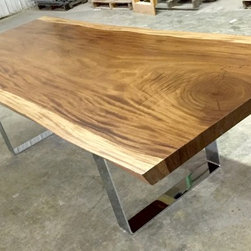 Chrome U leg, single slab live edge monkeypod dining table - Dining Tables