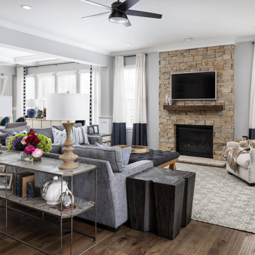 Gray Greek Key Rug Family Room with Colorblock Navy Curtains