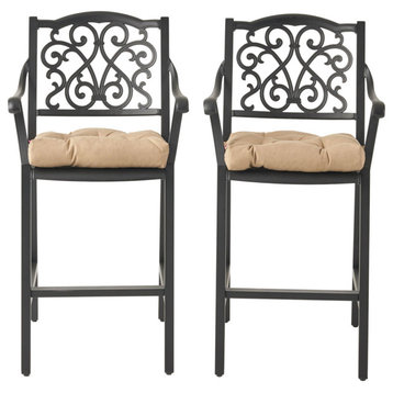 Frances Outdoor Barstool With Cushion, Set of 2, Antique Matte Black/Tuscany