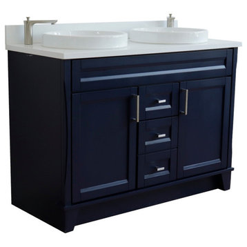 48" Double Sink Vanity, Blue Finish With White Quartz And Round Sink