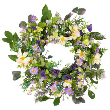 Daisy and Mixed Foliage Floral Spring Wreath 24" Purple