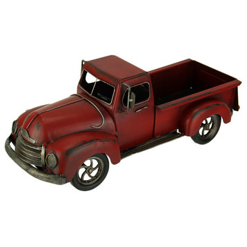Hand Painted Vintage Red Pickup Truck Metal Statue