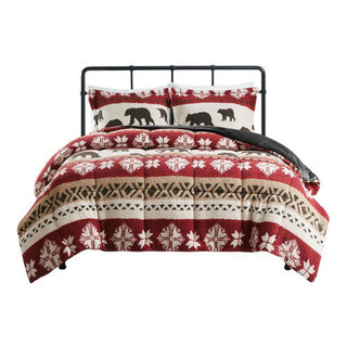 100% Polyester Tunbridge Print Sherpa Comforter Set Red/Black WR10-3857 -  Rustic - Comforters And Comforter Sets - by BisonOffice