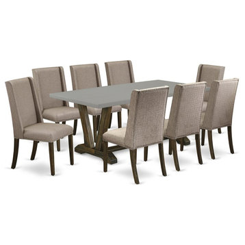 East West Furniture V-Style 9-piece Wood Dining Room Table Set in Dark Brown