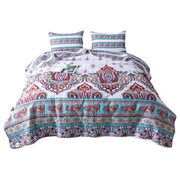 Bohemian Coconut White Sky Beach Vibes Floral Paisley Bedspread Set, Queen