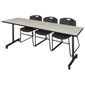 84" x 24" Kobe Mobile Training Table- Maple & 3 Zeng Stack Chairs- Black
