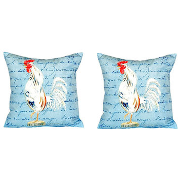 Pair of Betsy Drake White Rooster Script No Cord Pillows 18 Inch X 18 Inch