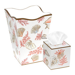 Shell & Coral Wastebasket & Tissue Box Set - Bathroom Accessories