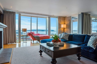 Example of a transitional living room design in Seattle