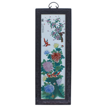 Vintage Chinese Wood Frame Porcelain Flower Birds Wall Plaque Panel Hws1202