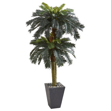 6' Double Sago Palm Artificial Tree Slate Finished Planter