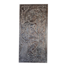 Mogulinterior - Consigned Door Panel Carved Vintage Fluting Krishna Under Tree Wall Sculpture - Wall Accents