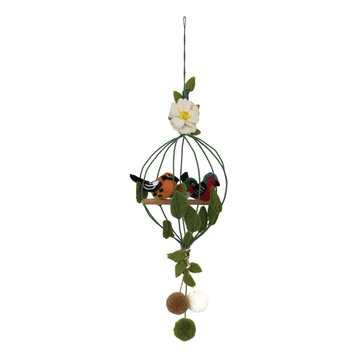 Wool Felt Bird Cage Mobile With 3 Birds, Flower and Pom Poms