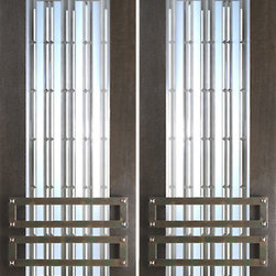 2-1/4" Thick Modern Mahogany Double Doors Art Glass Iron Work - Front Doors