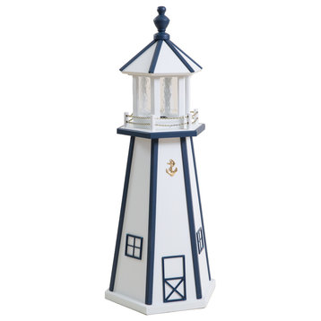 Outdoor Wooden Lighthouse Lawn Ornament, White and Navy, 3 Foot, Solar Light