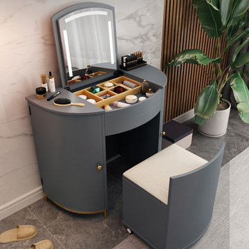 Modern Grey Lighting Makeup Vanity Table with Flip Top Mirror & 2-Door Stool Inc