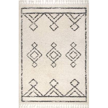 Contemporary Moroccan Shag Diamond Tassel Area Rug, Off-White, Off White, 8'x1