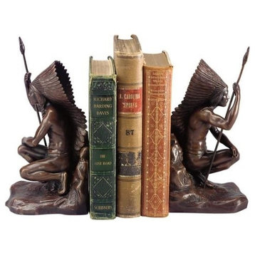 Bookends Bookend AMERICAN WEST Lodge Warrior Indian Chief with Spear