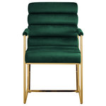 INSPIRED HOME - Inspired Home Maddyn Dining Chair, Velvet Hunter Green/Gold - "Blend a generous dose of luxury and style into your home with these modern dining chairs with padded arms in a set of 2, tailored to inspire. Our trendy chairs are available in chrome or gold frames and in velvet or PU leather upholstery. These impressive pieces are sure to add elegance and sophistication to your dining room, kitchen, office, powder room, or makeup room. A perfect stand-alone piece or a lovely addition to any room. Modernize your home seating decor with rich channel tufted upholstery and a sleek stainless-steel frame for that glam style.