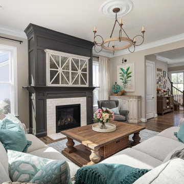 Mirrored TV Concealer on Gray Fireplace Family Room
