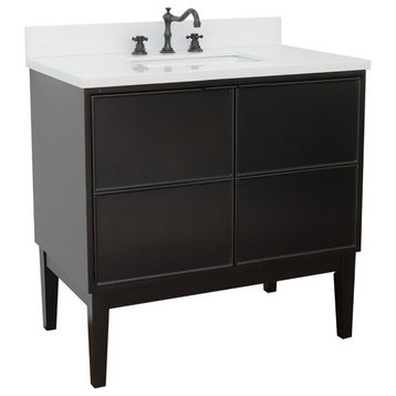37" Single Vanity, Cappuccino Finish With White Quartz Top And Rectangle Sink