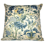 Studio Design Interiors - Frienship Hall 90/10 Duck Insert Pillow With Cover, 22x22 - Acanthus leaves and stylized flowers are friendly and inviting in cobalt blue, sage and light green on a cream damask ground. Finished with a soft navy blue chenille. Welcome.