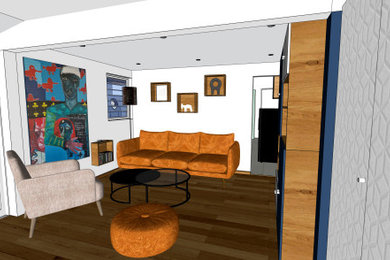 Cette photo montre un petit salon éclectique fermé avec une bibliothèque ou un coin lecture, un mur bleu, un sol en bois brun, aucune cheminée, un téléviseur indépendant, un sol marron et un plafond en bois.