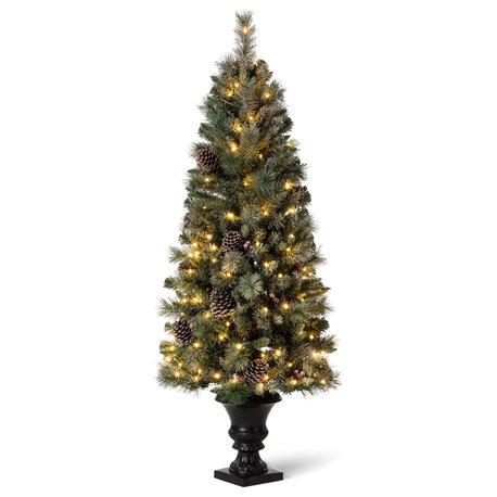 5ft Pre-Lit Flocked Pine Artificial Christmas Porch Tree With 130 Warm Lights