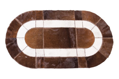 Handmade Cowhide Patchwork Area Rug Oval Brown White Hair-on-Hide, 6'7"x3'7"