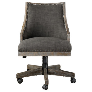 Retro Curved Back Charcoal Gray Upholstered Desk Chair, Office Wheels Rolling
