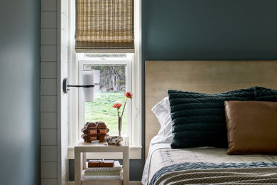Small cottage guest light wood floor and shiplap wall bedroom photo in Baltimore with blue walls