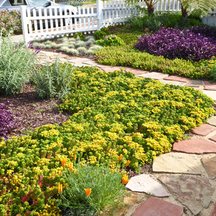 Kleiner Stilmix Vorgarten im Sommer mit Gartenweg, direkter Sonneneinstrahlung und Natursteinplatten in Santa Barbara
