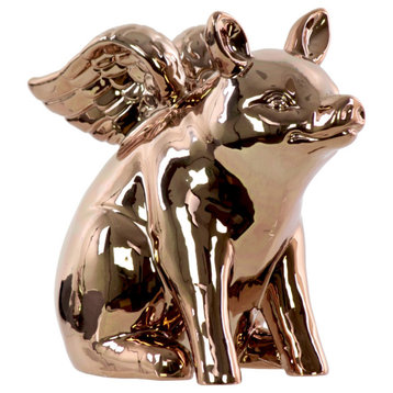 Ceramic Sitting Winged Pig Figurine, Gold