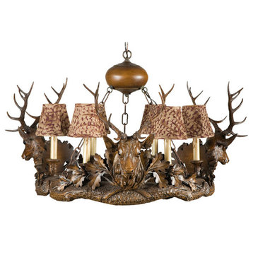 3 Royal Stag Head Chandelier, Feather Pattern Shades