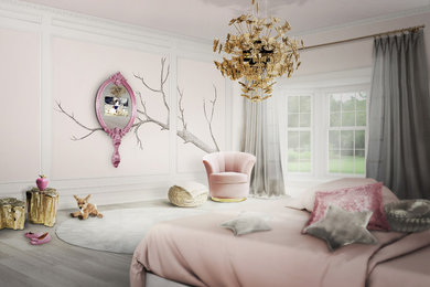 This is an example of a mid-sized kids' bedroom for girls with multi-coloured walls.