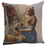 Charlotte Home Furnishings Inc. - The Servant Girl Belgian Cushion Cover - Drawing inspiration from the Dutch painting “The Milkmaid” our tapestry cushion cover boasts all the intense blue and golden hues of its muse. Johannes Vermeer painted his around 1657 or ’58 and is now on permanent residence at the Rijksmuseum in Amsterdam. You’ll love the bit of history and beauty this decorative accent lends to your home. The tapestry pillow cover is woven of a luxe textural and visual blend of cotton/viscose/polyester. Cushion cover backed with lining and zipper. Infill not included. Woven in Belgium.