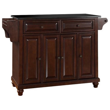Pemberly Row Traditional Wood Kitchen Cart with Granite Top in Black/Mahogany