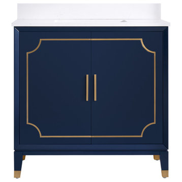 Melody Freestanding Bathroom Vanity with Wall Vanity Mirror and Quartz Top, Navy Blue, 36"