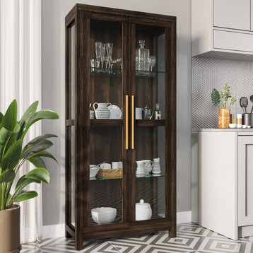 Curio Storage Cabinet with Tempered Glass Doors, Display Cabinet, Dark Walnut