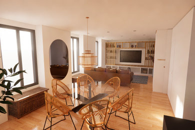 Cette photo montre une salle à manger ouverte sur le salon scandinave avec un mur blanc, parquet clair et aucune cheminée.