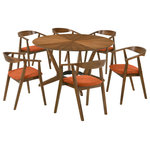 Armen Living - Santana 7-Piece Round Walnut Wood Dining Table Set With Orange Fabric - Host like a pro with the Santana 7-piece Round Wood Dining Set from Armen Living. Perched upon a sculptural base with beautifully crafted splayed legs, our modern round dining table serves as an elegant focal point for any room. It plays around with the angles of wooden grains to achieve a rich and eye-catching tabletop. Our versatile and mid-century modern dining set can effortlessly complement a variety of different styles. Its space-friendly proportions make it a perfect fit for eat-in kitchens and dining rooms. This dining set includes 1 dining table and 6 dining chairs. The round shape of our dining table makes it a natural hub for conversations and spending leisurely time. The 54 diameter tabletop easily allows seating for up to 6. The dining chairs feature a curved and hugging back to support you in just the right places. Completed with slender angular legs, the chairs make a stunning statement. The dining chairs deliver an airy silhouette vouching for hours of comfortable sitting. With an upholstered and padded seat, these dining chairs offer as much comfort as they do style. The Santana Dining Set is available in a walnut finish with your choice of charcoal, blue, or orange upholstery or a black finish with charcoal upholstery.