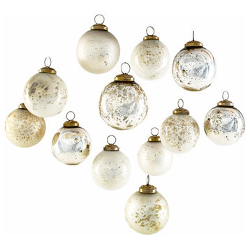 Set of 12 Vintage Style Glass Ball Ornaments for Xmas Tree, White & Silver