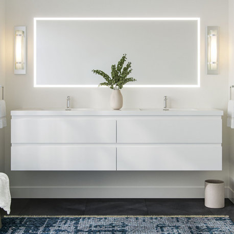 MOB Bath Vanity, High Gloss White, 84", Double Sink, Wall Mount