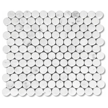 1" Penny Round Carrara White Venato Marble Mosaic Tile Polished, 1 sheet