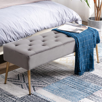 Button Tufts Bedroom Bench, Grey-Velvet