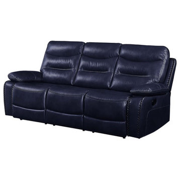 ACME Aashi Leather-Gel Horizontal Tufted Motion Reclining Sofa in Navy