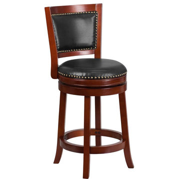 26" High Dark Cherry Wood Counter H Stool With Walnut Leather Swivel Seat