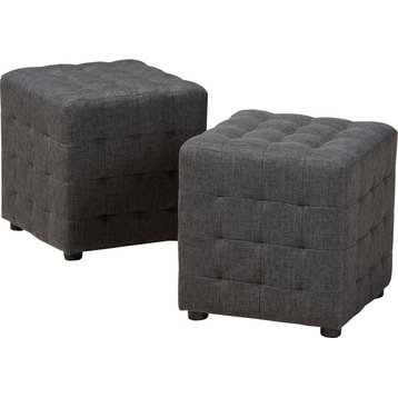 Modern Dark Grey Fabric Upholstered Tufted Cube Ottoman Set of 2