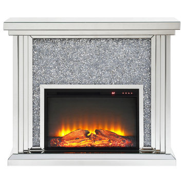 Benzara BM196008 Wood & Mirror Electric Fireplace, Crystals Inlay, Clear & Black
